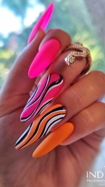 Pink And Orange Nails Design, Cute Neon Nails, Neon Green Nails Design, Orange Yellow Nails, Orange Nails Design, Nails With Orange, Pink And Orange Nails, Nail Design 2023, Summer Nail Inspiration