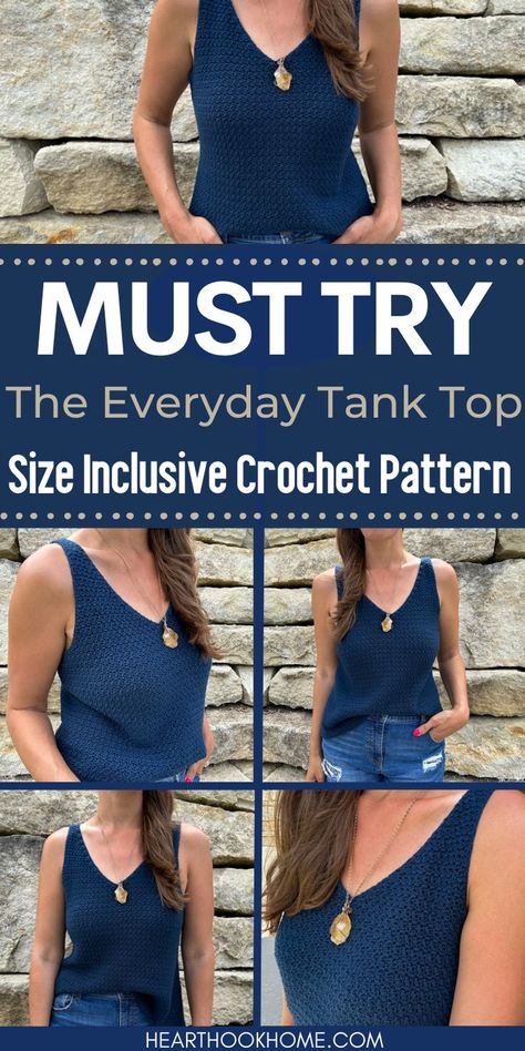 Embrace the warmth with our Everyday Tank crochet pattern. This V-neck tank top is available in sizes XS – 5XL. Start crocheting today! Crochet Tank Top Free, Crocheted Tops, Crochet Tee, Crochet Bracelet Pattern, Crochet Tank Tops, Tank Top Pattern, Crochet Wearables, Crochet Ladies Tops, Crochet Tops Free Patterns