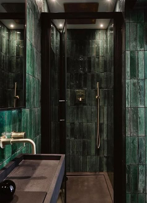 Green Bathroom, Green Bathroom Colour, Green Bathroom Tiles, sage green bathroom, dark green bathroom, green bathroom wall, green bathroom design, deep forest bathroom tiles Bathroom Ideas Dark Green, Bathroom Dark Green, Dark Green Bathroom Ideas, Green Bathrooms Inspiration, Bathroom Ideas Dark, Green Bathroom Colors, Green Bathroom Paint, Dark Green Bathroom, Small Dark Bathroom