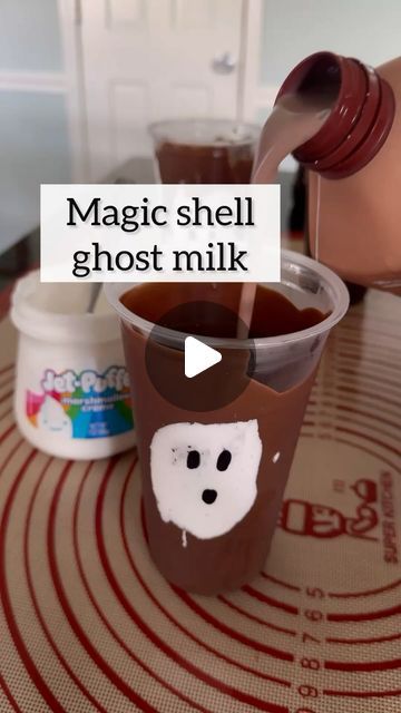 Hannah Gray | One Sweet Mama on Instagram: "👻chocolate milk

If you add magic shell to the cups, make sure you put them in the freezer long enough BEFORE you put the chocolate milk in! You can also leave that out and just use chocolate milk.

May your 👻 be more artistic than mine 😂

#halloween #chocolatemilk" Magic Shell, Chocolate Milk, Make Sure, Shells, Milk, Audio, Canning, Halloween