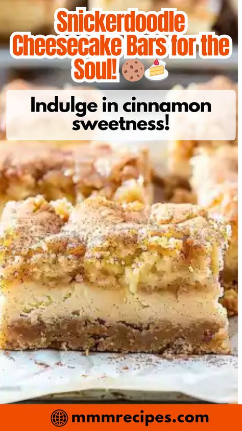 Merge the warm, spicy flavors of snickerdoodles with the creamy richness of cheesecake in these Snickerdoodle Cheesecake Bars! Each bar offers a satisfying crunch followed by a smooth, velvety finish—a heavenly treat that's bound to be the star at any gathering. Snickerdoodle Cheesecake Bars, Fluffy Lemon Ricotta Pancakes, Toffee Cookie Recipe, Soft Snickerdoodle Cookies, Cookie Monster Ice Cream, Snickerdoodle Cheesecake, Snickerdoodle Bars, Chocolate Crunch, Chocolate Zucchini