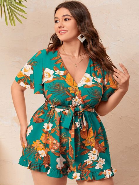 SHEIN VCAY Plus Floral Print Belted Ruffle Hem Romper | SHEIN USA Short Jumpsuit Outfit, Terry Cloth Romper, Classy Jumpsuit, Flowy Romper, Plus Size Summer Dresses, Plus Size Summer Outfits, Belted Romper, Plus Size Romper, Classy Casual Outfits