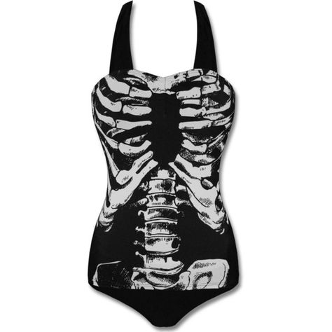 BANNED SKELETON BONES SWIMSUIT ($19) ❤ liked on Polyvore featuring swimwear, one-piece swimsuits, swim, shirts, swimsuits, tops, one piece swimsuit, skeleton swim suit, skeleton bathing suit and swim costume Summer Goth, Skeleton Bones, Psychobilly, Swimming Costume, Rib Cage, Black & White, Pastel Goth, Up Girl, Beach Wear