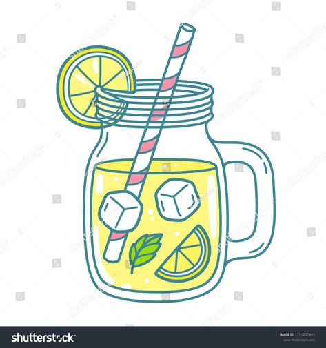 Lemonade in mason jar mug with drinking straw and lemon wedge. Refreshing summer drink vector clip art illustration, doodle style drawing. #Ad , #Ad, #lemon#straw#Refreshing#wedge Drinks Drawing, Beverage Illustration, Drink Vector, Peace Pole, Mug Drawing, Summer Art Projects, Lemon Drink, Illustration Doodle, Refreshing Summer Drinks