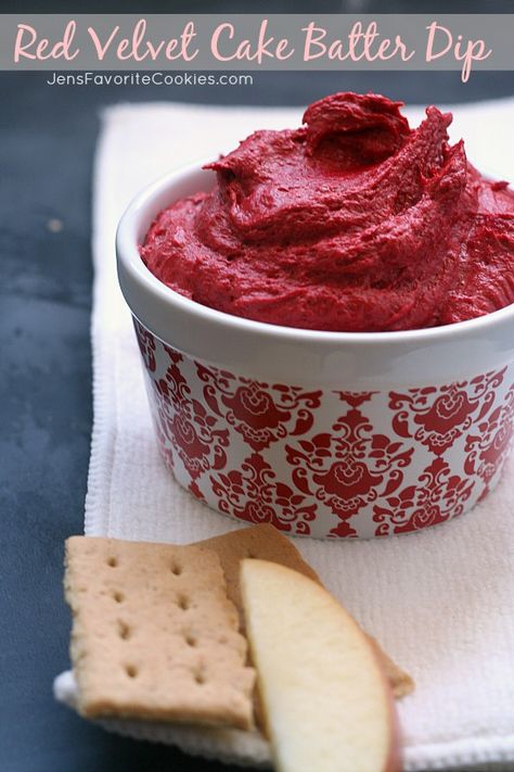 Red Velvet Cake Batter Dip from Jen's Favorite Cookies- this easy cream cheese dip tastes just like red velvet cake batter! Red Velvet Dip, Easy Cream Cheese Dip, Velvet Desserts, Cake Batter Dip, Cake Dip, Cream Cheese Dip, Delish Desserts, Sides Recipes, Sweet Dips