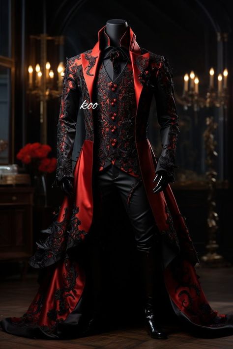 Mens Fantasy Suit, Black Gothic Suit, Goth Wedding Suit, Black And Red Fantasy Outfit Male, Men’s Gothic Suit, Gothic Tailcoat, Fashion Suits For Men, Cool Outfits For Men, Halloween Wedding