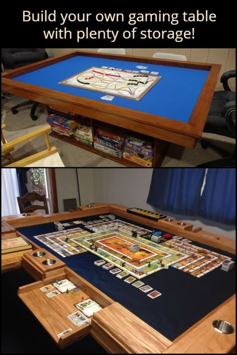 Catan Board Game Table, Board Game Room Setup, Diy Game Table How To Build, Tabletop Game Table, Diy Table With Storage, Board Game Dining Table, Board Game Dining Room, Board Game Space, Game Board Table