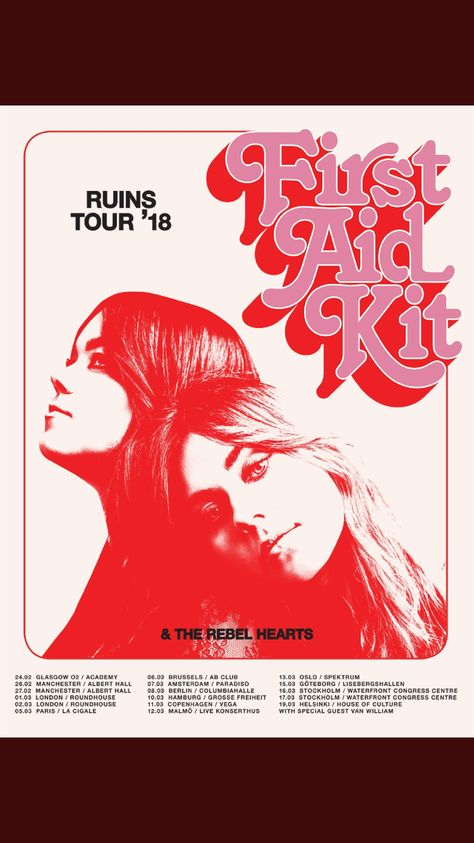 groovyscooter: “First Aid Kit retro tour poster for the European Ruins tour - designed by Emy Storey ” Concert Poster Design, Tour Poster, Event Poster Design, Montage Photo, Poster Layout, Tour Posters, Aid Kit, Gig Posters, Event Poster