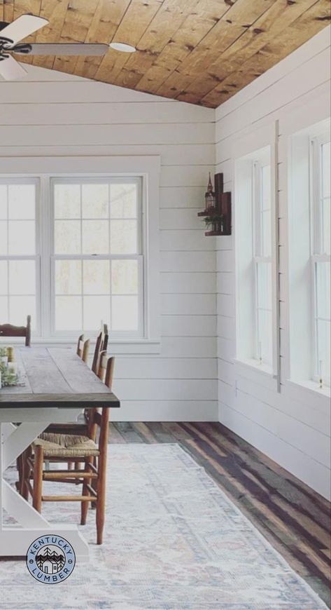 Shiplap Walls And Ceilings, Barn Wood Flooring, Wood Shiplap Wall, Barnwood Floors, Wood Plank Ceiling, Shiplap Ceiling, Modern Farmhouse Dining Room, Shiplap Walls, Sunroom Ideas