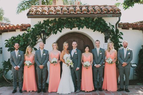 Peach Bridesmaids Gowns Paired with Grey Groomsmen Suits Venue: Casa Romantica Photographer: Fondly Forever Bridesmaid Dresses With Groomsmen, Grey Groomsmen Suits, Grey Groomsmen, Gray Groomsmen Suits, Father Of The Bride Outfit, Wedding Color Schemes Spring, Peach Bridesmaid, Peach Bridesmaid Dresses, Bridesmaids Gowns