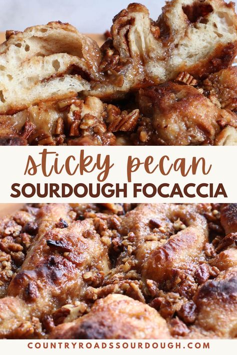 Sticky Pecan Sourdough Focaccia Sourdough Maple Pecan Scones, Dough Desserts, Best Sourdough Starter Recipe, Sourdough Focaccia Recipe, Caramelized Pecans, Foccacia Recipe, Sourdough Focaccia, Recipe Using Sourdough Starter, Foccacia Bread