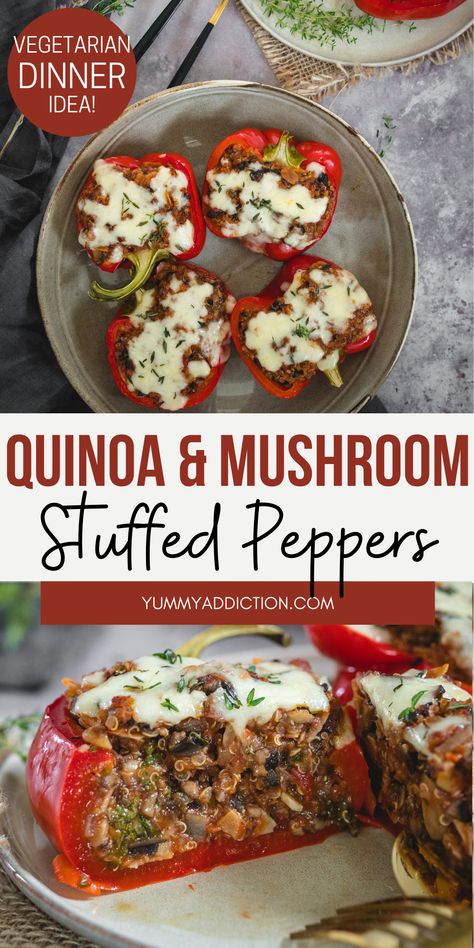 Quinoa Stuffed Bell Peppers Vegan, Mushroom Stuffed Bell Peppers, Plant Based Stuffed Bell Peppers, Bell Pepper Mushroom Recipes, Stuffed Bell Peppers Mushrooms, Stuffed Bell Peppers With Mushrooms, Vegan Quinoa Stuffed Peppers, Quinoa Stuffed Bell Peppers Vegetarian, Quinoa Stuffed Peppers Vegetarian