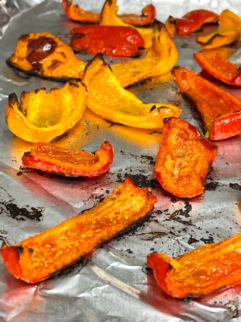 roasted bell peppers Crispy Bell Peppers, Recipes With Red Yellow Orange Peppers, Oven Roasted Bell Peppers, Orange Bell Pepper Recipes, Roasted Bell Peppers Oven, Roasted Peppers Oven, Orange Pepper Recipes, Roasted Red Bell Pepper, Baked Peppers