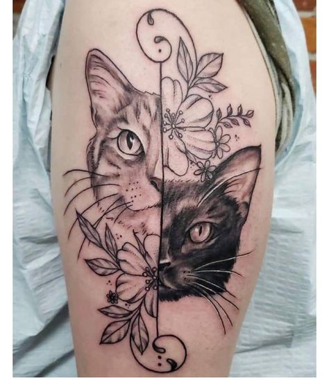 Half Sleeve Cat Tattoos For Women, Cat Back Tattoo Women, Tiger Lily Memorial Tattoo, Cat Tattoo Sleeve Women, Cat Tatoos Idea, Multiple Pet Tattoo Ideas, Cat Chest Tattoo, Cat Forearm Tattoo, Cat Tattoo Designs Unique