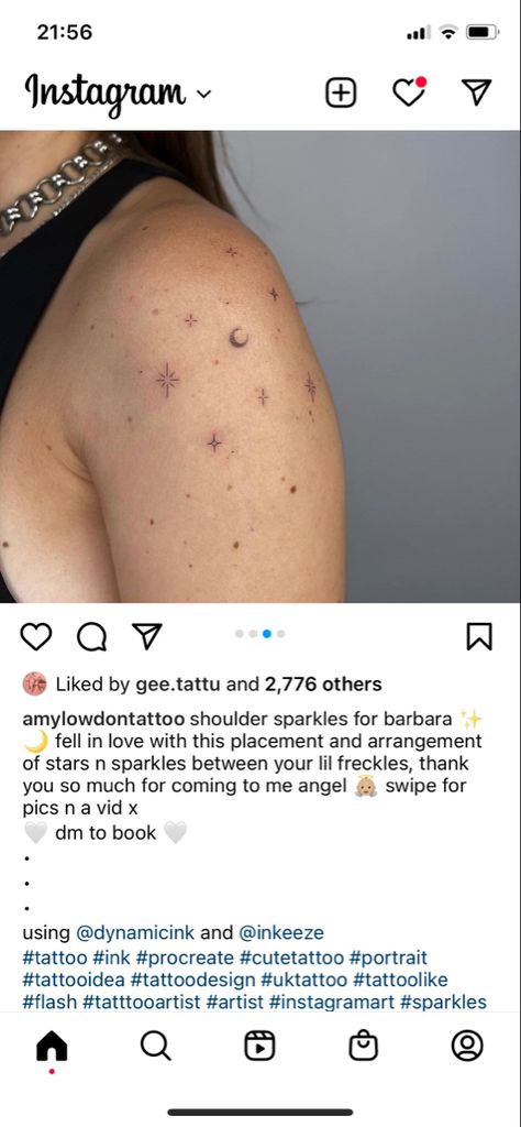 Tattoos With Freckles Arms, Tattoos With Freckles, Sparkle Freckle Tattoo, Freckle Tattoo Ideas, Freckles On Arms, Tattoos On Freckled Skin, Sparkle Tattoo Design, Lettering Tattoos, Sparkle Tattoo