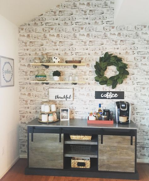 DIY Coffee Bar with Whitewashed Brick Wallpaper #coffeebar #coffee #whitewashbrick #barndoortable Coffee Bar With Wallpaper, Coffee Bar Wallpaper Ideas, Brick Coffee Bar, Coffee Nook Wallpaper, Coffee Bar Wallpaper, Bar Wallpaper, Barn Door Tables, Whitewashed Brick, Diy Coffee Station