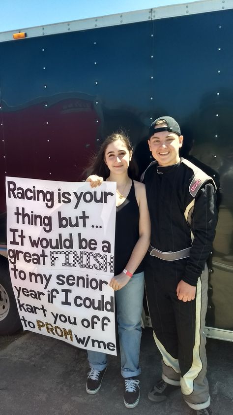 Karting promposal idea :) Source: cellogirl0031 on Pinterest Motorcross Promposal Ideas, Racing Promposal Ideas, Race Car Promposal Ideas, Promposal Car Ideas, Race Car Hoco Proposal, Prom Proposal Ideas For Car Guys, F1 Promposal Ideas, Car Themed Promposal Ideas, Promposal Ideas For Him Cars