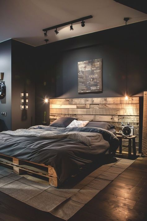 Men’s Room Ideas Grey, Dark Loft Bedroom, Man Room Ideas, Rustic Bedroom Ideas For Men, Cozy Industrial Bedroom, Industrial Bedroom Ideas, Trading Room, Industrial Bedroom Design, Wall Panels Bedroom