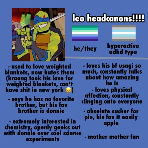 Rottmnt Ao3, Leo Rottmnt Ref Sheet, Leo Hamato Rottmnt, Leo Rottmnt Headcanons, Rottmnt Leo Reference, Trans Leonardo Tmnt, Leonardo X Usagi, Rottmnt Ships, Rottmnt Headcanons