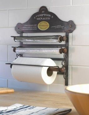 From Black Country Metalworks Ltd. in the UK, a clever wall mounted, paper towel, cling wrap and foil holder with a French flair. - kitchen decor - http://amzn.to/2hJMS3U Farm Kitchen Ideas, Cabinets Storage, Kitchen Roll Holder, Kabinet Dapur, Diy Kitchen Remodel, Diy Kitchen Storage, Storage Kitchen, Kitchen Farmhouse, Kitchen Roll