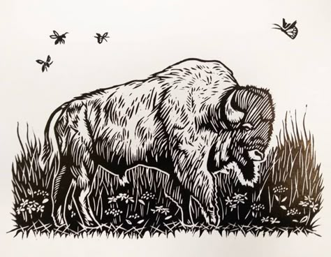 Ethan Tattoo, Bison Watercolor, Bison Tattoo, European Bison, Bison Print, Bison Art, Woodcut Illustration, Buffalo Art, Wildlife Wall Art