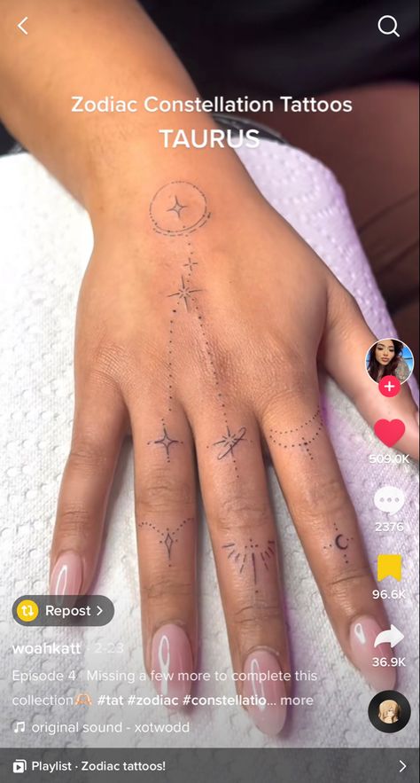 Taurus Finger Tattoo, Taurus Tattoo For Women, Taurus Constellation Tattoo, Thumb Tattoos, Taurus Tattoo, Wrap Around Tattoo, Astrology Tattoo, Taurus Constellation, Finger Tattoo For Women