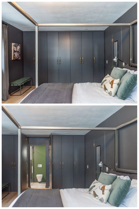 Wardrobe With Bathroom Door, How To Hide Door In Bedroom, Wardrobe With Door To Bathroom, Hide Door Ideas Bedrooms, Concealed Doors In Wall Closet, Hidden Bathroom Door In Bedroom, Hidden Door Behind Cabinet, Bedroom With Door To Outside, Hidden Dressing Room Door