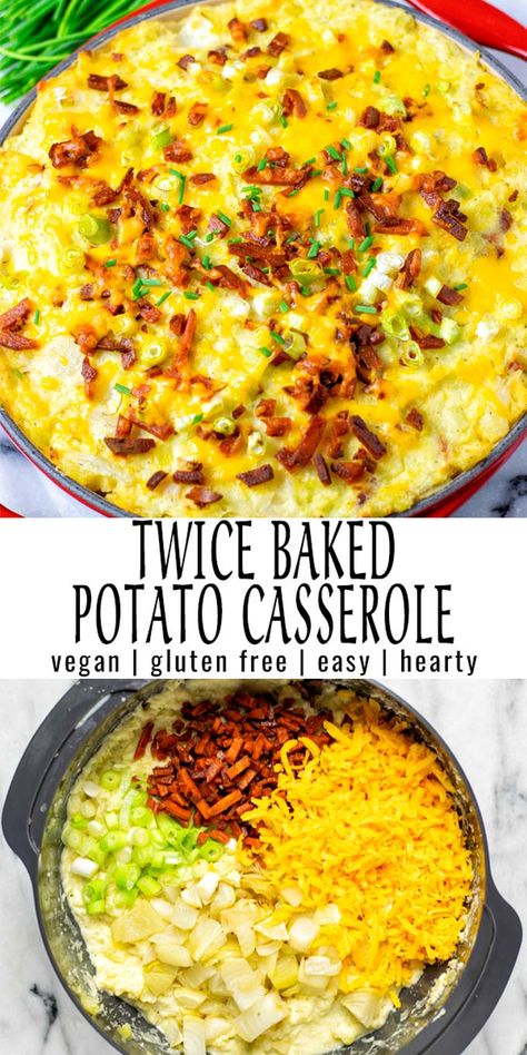 This Twice Baked Potato Casserole is made with simple ingredients and packed with amazing flavors. No one would ever taste it is vegan, because it will taste better than any other you've ever tried and made. #vegan #dairyfree #glutenfree #vegetarian #dinner #mealprep #contentednesscooking #twicebakedpotatocasserole #potatocasserole Vegan Baked Potato Casserole, Dairy Free Potato Casserole Recipes, Gluten Free Twice Baked Potato Casserole, Vegan Fall Casserole, Vegan Potato Casserole Recipes, Vegan Gluten Free Casserole, Vegan Potato Bake, Vegan Twice Baked Potatoes, Vegetarian Potato Casserole