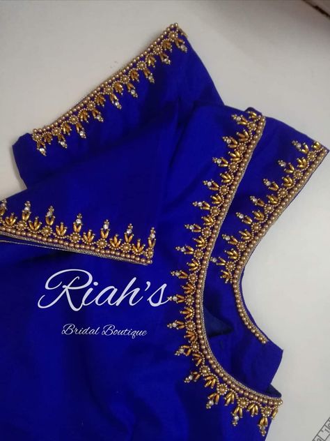 Simple Aari Embroidery Designs, Very Simple Aari Work Blouse Design Blue, Simple Work For Blouse, Simple Design Aari Work Blouse, Aari Simple Designs, Simple Arya Work Blouse Designs, Blue Blouse Aari Work Designs, Simple Maggam Blouse Designs, Blue Blouse Maggam Work