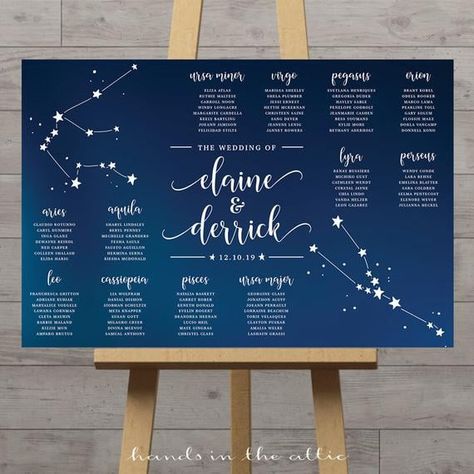 It's Written in the Stars — the Hot Wedding Theme of 2019 Is All Things Celestial Wedding Couple Table, Constellation Wedding, Celestial Chart, Celestial Wedding Theme, Wedding Table Themes, Wedding Table Seating, Celestial Wedding, Reception Seating, Wedding Table Plan