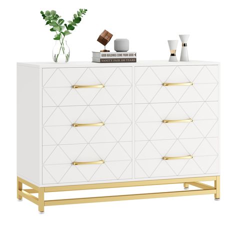 PRICES MAY VARY. PERFECT DESIGN: The Dual chest of drawers with a simple design The white finish, gold handles, and then adding concave and convex lines to the simple engineered wood panel, are perfect for multiple occasions like office, bedroom, and kitchen. Not only can be used as a clothing organizer/lingerie dresser/TV stand, but also can be an accent storage cabinet for living room. It can easily match any interior style! SPACIOUS STORAGE: Our 6 drawer dresser runs smoothly on premium slide White And Gold Closet Ideas, Dresser Tv Stand, Wide Chest Of Drawers, Large Storage Cabinets, Double Drawer, Accent Storage Cabinet, Bedroom Chest Of Drawers, Gold Knobs, Dresser For Bedroom