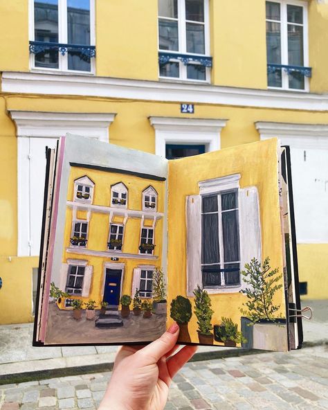 Merel Djamila on Instagram: “Next in line in my #paristraveljournal entries is this yellow house! This street (Rue Crémieux) is the Notting Hill of Paris: the colored…” Hill Illustration, Color Pencil Illustration, Linden Tree, Yellow House, Yellow Houses, Sketchbook Art Journal, Art Courses, Sketchbook Journaling, Notting Hill