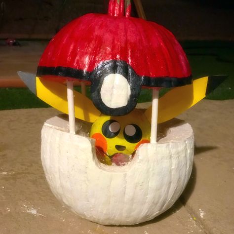 Pokemon Ball Pumpkin, Pokemon Pumpkin Painting, Pokeball Pumpkin, Pokemon Pumpkins, Pumpkin Pokemon, Pikachu Pumpkin, Joshua Birthday, Library Halloween, Pokemon Pumpkin