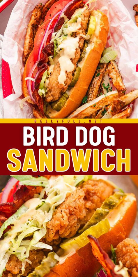 With crispy chicken tenders, strips of salty bacon, and a smokey, sweet and tangy sauce, this Bird Dog Sandwich recipe is simply irresistible. An easy lunch or dinner the whole family will request again and again! Chicken Strip Sandwich Recipes, Chicken Tender Sandwich Ideas, Bird Dogs Recipe, Bird Dog Sandwiches Tipsy Housewife, Chicken Tender Sandwich, Frozen Chicken Strip Dinner Ideas, Chicken Strip Dinner Ideas, Bird Dog Sandwich, Chicken Strips Dinner Ideas