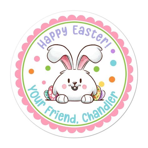 Personalized Easter Stickers by INKtropolis. Perfect for all goodie bags, class parties, friends, family, workplace, baked goods, candy treats, church members, and more. #personalized #personalizedsticker #personalizedlabel #personalizedeaster #easter #easterstickers #easterlabels  #treatbagstickers #treatbaglabels #easterbakedgoods #eastercandystickers #inktropolis Happy Easter Stickers, Easter Bunny With Eggs, Easter Bunny Cartoon, Easter Gift For Adults, Easter Favors, Personalized Easter Bunny, Candy Stickers, Easter Stickers, Eggs Easter