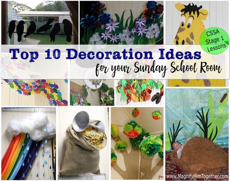 {Thanks to Sarah W. for these ideas in this post!} Do you need some help and inspiration with different ways to decorate your Sunday School room?  We have put together the top 10 decoration ideas for those who are commencing Stage 1 of the CSSA notes … with a focus on creation. Some of the... School Room Organization, Sunday School Room Decor, Sunday School Classroom Decor, Sunday School Printables, Sunday School Decorations, Sunday School Rooms, Sunday School Classroom, Church Nursery, School Room