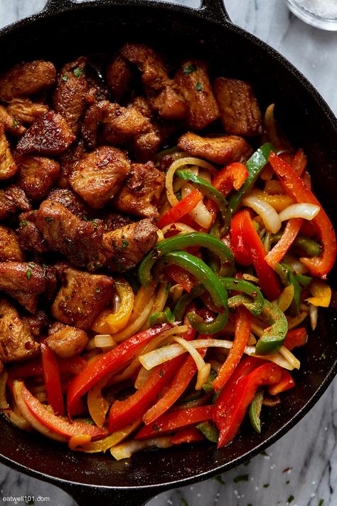 Skillet Chicken Fajitas, Homemade Fajitas, Pork Fajitas, Pork Bites, Pork Wraps, Low Carb Pork, Fajitas Recipe, Recipe Pork, Verde Sauce