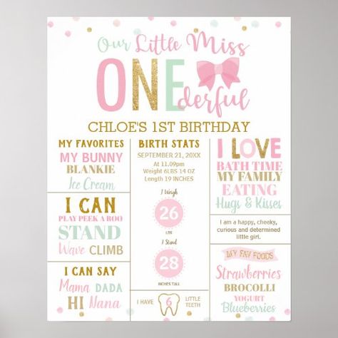 $26.85 | Little Miss Onederful Pink Milestone Birth Stats #1st birthday milestone sign, birth stats poster, first year milestone poster sign, whimsical milestone sign, first birthday canvas wall art, sweet 1st birthday milestone sign, little miss onederful poster, miss wonderful, pink mint green gold glitter, baby girl milestones sign Gold And Pink Balloons, Little Miss Onederful, Nursery Room Decoration, Birthday 1st, Onederland Birthday Party, Milestone Poster, Birthday Milestone, First Birthday Party Themes, Custom Poster