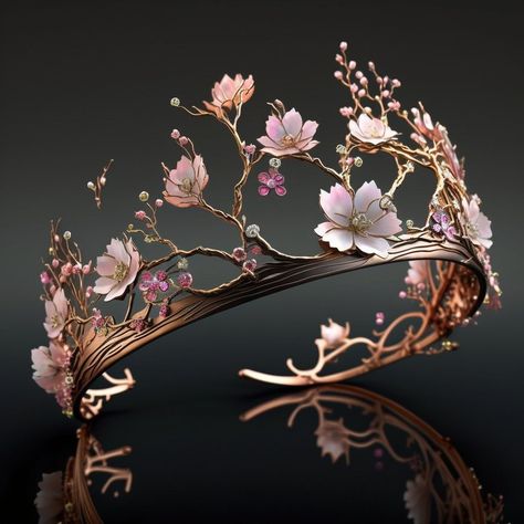 Fantasy Crown Art, Cherry Blossom Crown, Mythical Accessories, Blossom Costumes, Ikemen Prince, Elf Tiara, Elf Crown, Fantasy Jewellery, Fantasy Crown