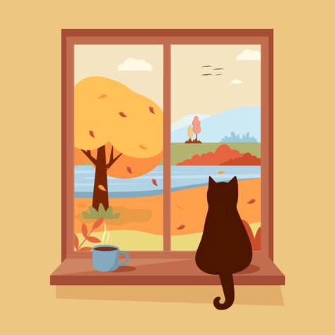 Autumn Window Illustration, Windows Illustration Drawing, Cozy Cat Drawing, Window Sill Illustration, Cute Window Illustration, Cat Window Illustration, Cat In Window Illustration, Cozy Illustration Art, Cozy Animation