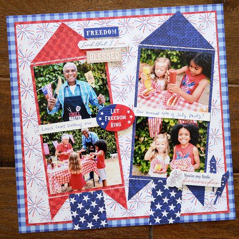 Patriotic Scrapbook Layouts, Patriotic Scrapbook, Patriotic Projects, Creative Memories Scrapbooking, 11 December, Polka Dot Paper, Crop Photo, Doodlebug Design, Star Background