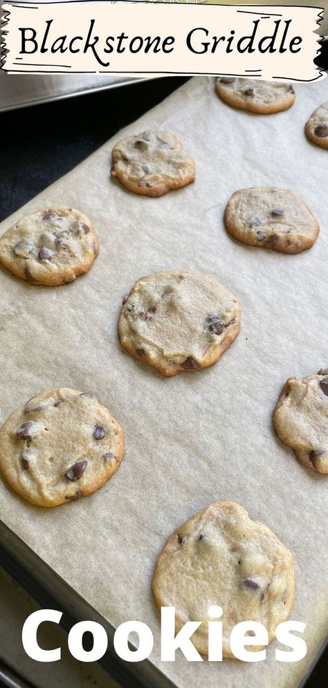 Baking a pan of chocolate chip cookies on the Blackstone Griddle . Outdoor Griddle Recipes, Small Batch Cookie Recipe, Griddle Cooking Recipes, Great Snacks, Small Batch Cookies, Outdoor Cooking Recipes, Grilled Desserts, Cooking Stone, Griddle Recipes