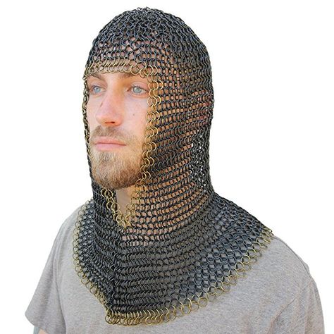 Medieval V Brass Face Mild Steel Chainmail Coif Armor Chainmail Coif, Medieval Chainmail, Chainmail Armor, Medieval Market, Historical Armor, Blackened Steel, Medieval Armor, Linking Rings, Chain Mail