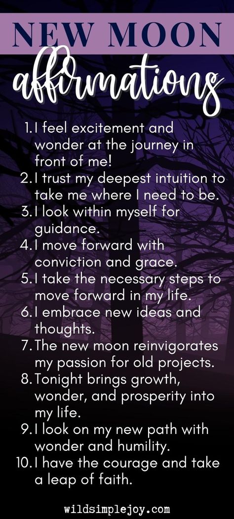 New Moon Affirmations Vertical Pinterest and social sharing image with 10 affirmations from Wild Simple Joy New Moon Affirmations, Moon Affirmations, 10 Affirmations, Growth Affirmations, New Moon Phase, Manifestation Prayer, Powerful Manifestation, Spells And Rituals, New Moon Rituals