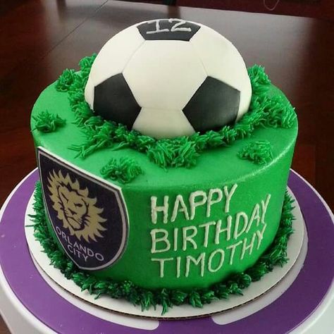 Orlando City Soccer Cake Birthday Cake Models, Types Of Birthday Cakes, Soccer Cakes, Soccer Ball Cake, Soccer Birthday Cakes, Orlando City Soccer, Birthday Cake Gift, Present Cake, Ocean Cakes