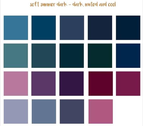 Deep Winter Soft Palette, Soft Cool Deep Color Palette, Dark Summer Colors, Shaded Summer Color Palette, Dark Summer Palette, Soft Summer Deep Color Palette, Soft Summer Dark, Deep Summer Color Palette, Dark Summer Color Palette