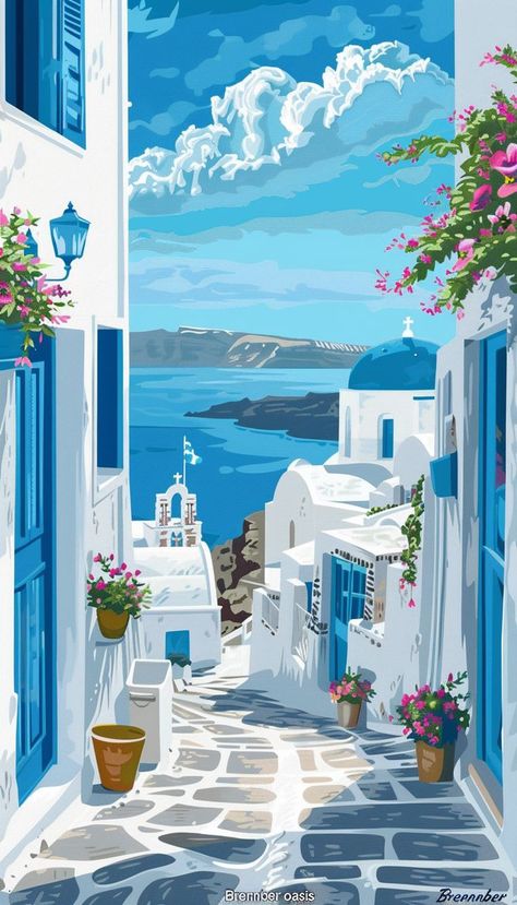 Mediterranean Illustration, Santorini Illustration, Greek Wallpaper, Greece Illustration, Greek Streets, Greek Poster, Santorini Painting, Greece Drawing, Santorini Poster