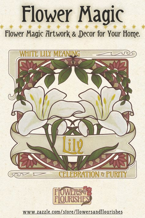 Beautiful vintage-style floral artwork of the classic white lily and its meanings of celebration and purity. Invite positive energies to your magic aesthetic home with these Art Nouveau-style posters, wall art, and more. A charming design for your cottagecore, boho, or witchy aesthetic home. Available on my Zazzle store. Choose an electronic download to be printed at your convenience, or customize this artwork on another of Zazzle's many products. #flowers&flourishes #ZazzleMade Fairy Tale Aesthetic, Lily Meaning, Yellow Lilies, White Lily Flower, Art With Meaning, The Language Of Flowers, Magical Home, Vintage Style Art, Flower Meanings