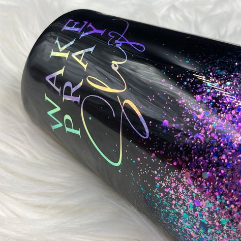 Purple Epoxy Tumbler, Wake Pray Slay, December Crafts, Glitter Wine, Silver Holographic, Glitter Photo, Holographic Vinyl, Wine Cup, Wedding Glasses