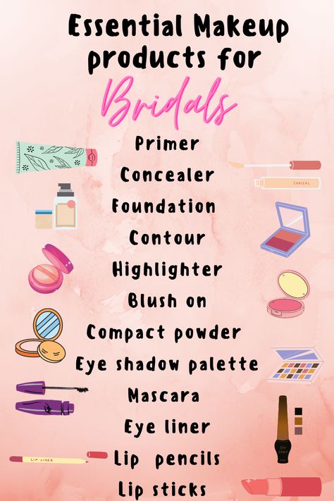 Every bridal must have these products Bridal Makeup Essentials Products, Bridal Makeup Products Name List, Bride Makeup Kit List, Makeup Kit For Bride List, Bridal Vanity Kit, Makeup List For Bride, Makeup Products Name List, Bride Makeup Products, Basic Bridal Makeup